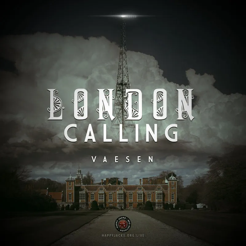 An ad card for London Calling AP from the Happy Jacks RPG Network. It features a photo of a sprawling estate with a radio tower over it and the words "London Calling. Vaesen" across its center.