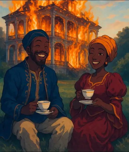 art, possibly ai, of a man and woman in headscarves and historical clothing drinking tea on the grass in front of the Nottoway Plantation ablaze