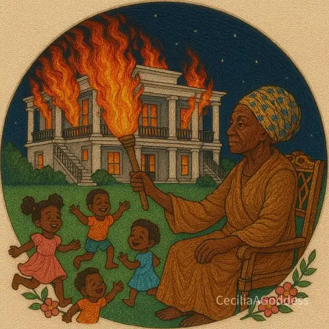 Harriet Tubman sitting in a rocking chair holding a torch. Four children play in front of her; a girl with her hair in pom poms and a red dress, two boys in orange shirts, and a child of indeterminate gender in a blue dress. The background is the Nottoway Plantation burning with flames escaping the windows. The sky behind is filled with stars, and the painting has a round tan frame with floral accents at the bottom. the girl in the red dress and one of the boys in an orange shirt overlap the frame. i'm PRETTY sure this one isn't ai art. The artist's watermark is on the lower right and reads Cecelia A. Goddess