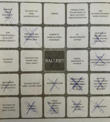 ESC Bingo. Diagonal 5 Kreuze mithilfe des zentralen Feldes, in dem nur "Baller!" steht.