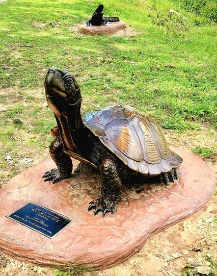 A brown sculpture of a box turtle on a light brown stone platform. View from the left front side of the turtle as the turtle has its neck up. A black plaque with copper lettering in front of the turtle, on the stone platform. The installation is on a green lawn-like landscape. A similar sculpture of an alligator in the background.