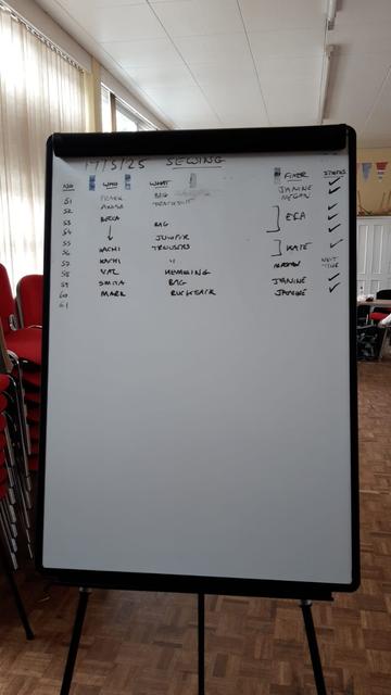 Our sewing whiteboard showing the term items that came in today.