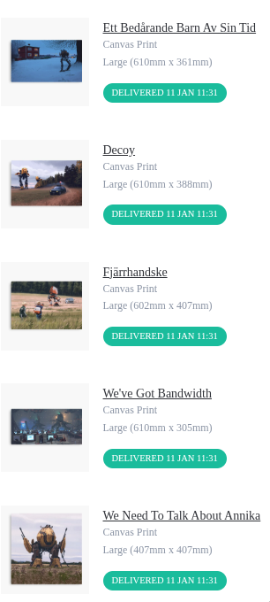 Partial screenshot of an order list (including tiny thumbnails) of large canvas prints for the following Simon Stålenhag's artworks, all delivered on January 11, without mentioning a year.

Ett Bedirande Barn Av Sin Tid

Decoy

Fjärrhandske

We've Got Bandwidth

We Need To Talk About Annika