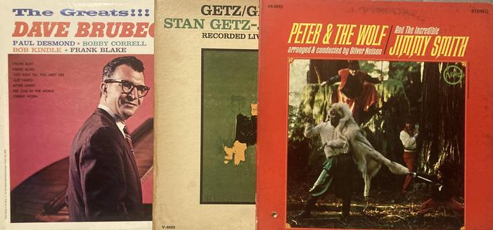 Three album covers - The Greats! by Dave Brubeck/Paul Desmond/Bobby Cordell/Bob Kindle/Frank Blake; Getz/Gilberto Recorded Live; Peter and the Wolf by Jimmy Smith