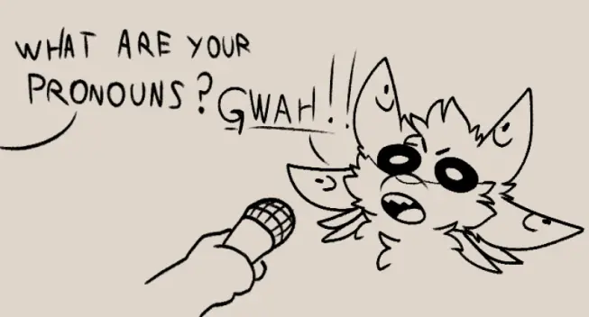 Very simple comic with 2 panels featuring an avali, an imaginary feathered alien creature.

Panel 1: Someone asks off view: "What are you pronouns?" The avali responds with a silly face: "GWAH!!"