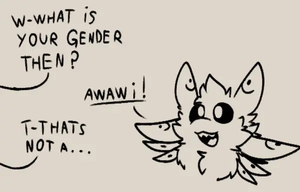 Panel 2: The voice off view: "W-what is your gender then?" The avali responds happily: "Awawi!" The voice: "T-that's not a..."