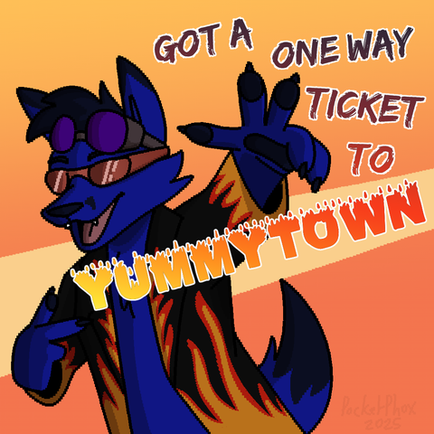 pixel style meme doodle of Sky as guy fieri, doing the classic guy fieri pose, wearing sunglasses AND his goggles. big text reading "got a one way ticket to yummytown", a common sky-ism