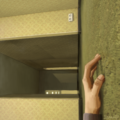 The picture depicts a scene in a style reminiscent of the atmosphere from Backrooms. A sense of disorientation.

Perspective and composition: The image is rendered from a first person point of view, as if the viewer or character has fallen to the floor in an empty room or corridor. The horizon is canted 90 degrees, making the image appear as a view from the floor looking at the walls. A reference to Backrooms - vast, confusing and empty spaces.

"If you’re not careful and you noclip out of reality in the wrong areas, you’ll end up in the Backrooms, where it’s nothing but the stink of old moist carpet, the madness of mono-yellow, the endless background noise of fluorescent lights at maximum hum-buzz, and approximately six hundred million square miles of randomly segmented empty rooms to be trapped in.

God save you if you hear something wandering around nearby because it sure as hell has heard you."