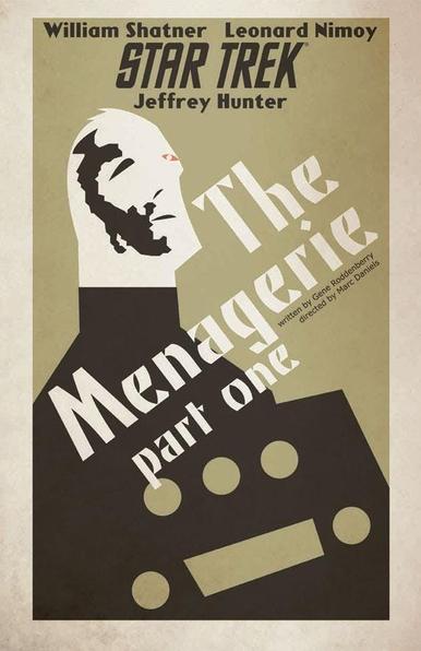 A poster for the Star Trek episode The Menagerie Part 1, done in tones of dark cream, showing a man with a scar on most of the right side of his face. A large dark panel is in front of him with 3 lights.