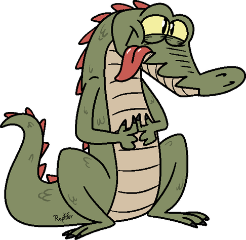 A really toony looking croco siting on the floor. He's looking up with a "puppy eyes" expression. He also have his two finger index touching in a cute way.