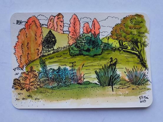 Une aquarelle sur une carte postale. Cela représente un étang au centre, qui est bordé de plantes, herbes, fourrées et arbres... Les tons sont en vert, bleu, rouge orangé.