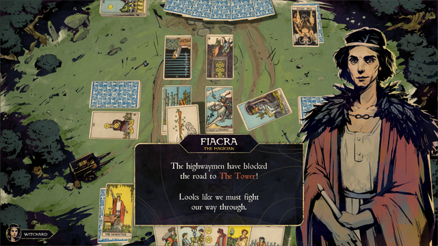 Screenshot mockup of a card game using tarot cards. Art style is a start contrasted one with an ink and watercolour look. View is top down, with tarot cards can be seen arranged on a battlefield.