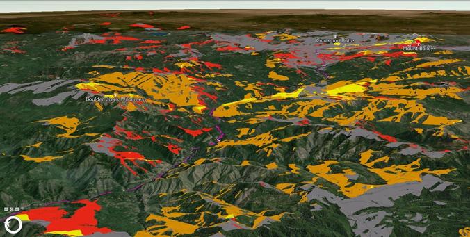 A 3D terrain map showcasing the Boulder Creek Wilderness and surrounding areas, featuring various colors indicating different geological or vegetation types.