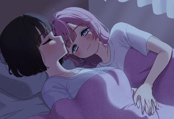 Danbooru tags: 2girls :3 anyoji_hime anyoji_hime_(summer_loungewear) black_hair blue_cardigan blue_eyes blunt_bangs blunt_ends blush breasts cardigan closed_mouth collarbone commentary curtains hair_down hair_intakes half-closed_eyes hashtag-only_commentary head_on_pillow highres hiyori_(20hiyori727) holding_hands indoors large_breasts light_particles link!_like!_love_live! long_hair looking_at_another loungewear love_live! lying momose_ginko momose_ginko_(summer_loungewear) multiple_girls official_alternate_costume official_alternate_hairstyle on_back on_bed on_side parted_lips pillow pink_nails shirt short_hair short_sleeves sidelocks sideways_mouth sleeping smile swept_bangs t-shirt under_covers upper_body virtual_youtuber white_shirt yuri