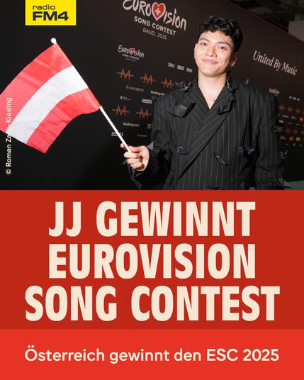 JJ in schwarzem Jacket, eine Österreichfahne schwingend, dazu Text: JJ gewinnt Eurovision Song Contest - Österreich gewinnt den ESC 2025