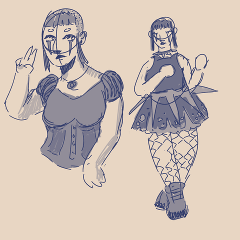 Two monochrome digital drawings of a trans woman on a blank background. The drawing on the left is from the waist up, the one on the right is a full body drawing. The woman has a mostly shaved head, with short bangs and longer pieces in front of her ears. She has two long, narrow triangles under her eyes that almost reach her mouth, and  is wearing dark lipstick on her top lip. In the drawing on the left, she's wearing a top with short puffy sleeves and an underbust corset. Her left arm is resting at her side, and her hand is making a peace signn by her face. In the full body drawing, she's wearing a sleeveless top, a spiked collar, a spiked belt, and a short, torn skirt with a fluffy underskirt over torn fishnet tights. She's wearing chunky platform boots. Both outfits are indicated to be in shades of black.