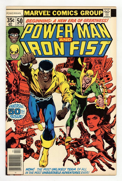 Front cover of the comic book Power Man and Iron Fist (1972), issue #50, the first time Power Man and Iron Fist officially became a team for hire.