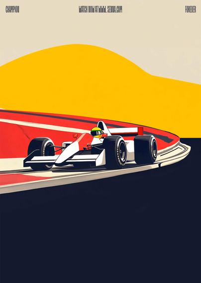 A poster featuring an illustration of Ayrton Senna's iconic McLaren Formula 1 car racing around a curve, with a vibrant yellow background.