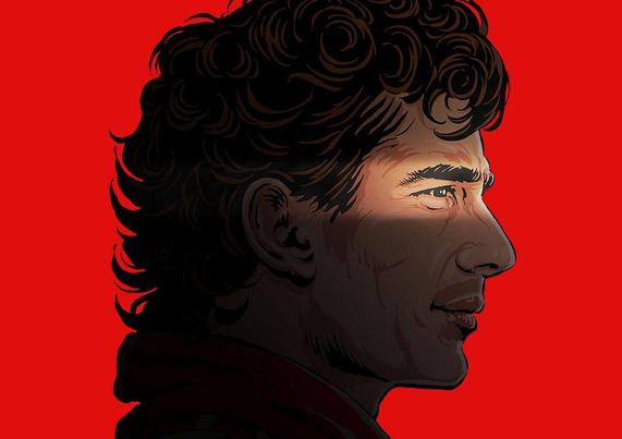An illustration showing the silhouette of Ayrton Senna with curly hair against a bright red background.