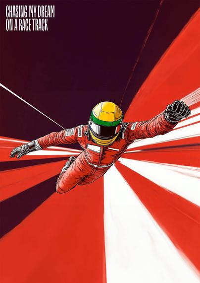 A poster featuring a vibrant illustration of Ayrton Senna in a red suit soaring through a colorful racing track.