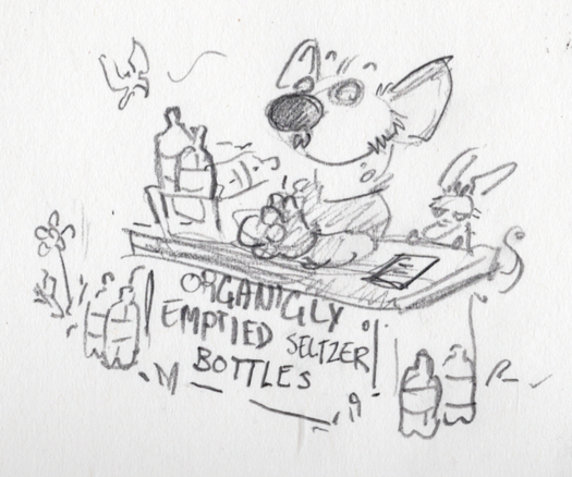 a little pencil doodle of my hyena fursona sitting at a farmers market style yard stand, with clockwork the tiny armadillo-dragon at his side looking annoyed. they're surrounded by empty plastic litre containers. a sign on the stand reads 'organically emptied seltzer bottles' theres some early summer flowers and a butterfly going by. clock looks skeptical. cial looks blankly pleasent, absolutely retail mode.