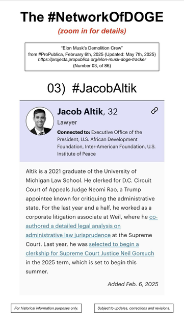 Photo and information regarding Jacob Altik, an employee at the Department of Government Efficiency (a/k/a DOGE).  From the website of ProPublica (February 6th, 2025) (Updated May 7th, 2025). Number 3, of 86.