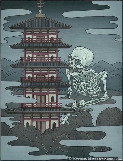 Giant skeleton beside temple.