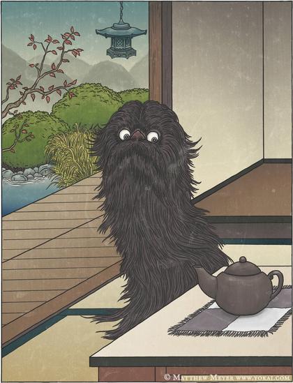 Dog-like creature in traditional house with view to Japanese garden.