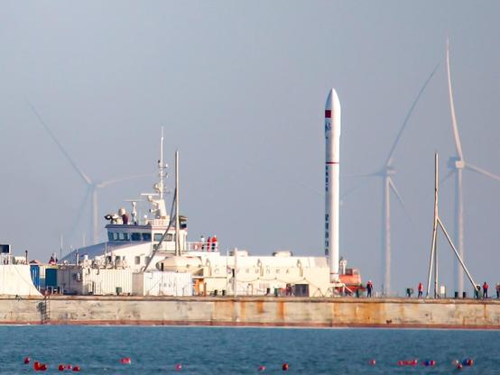 Image of Ceres-1S launch vehicle at Oriental Spaceport mobile launch ship launch site, scheduled for 2025-05-19 07:35