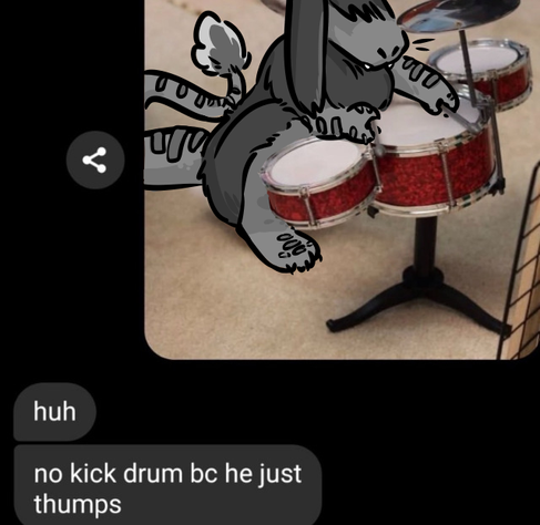 the voice of the hunted drawn over a photo of a pet rabbit sitting at a rabbit-sized drum set. the original was part of a text message conversation; the other party responded "huh. no kick drum because he just thumps"