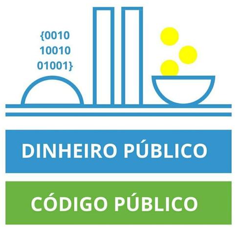 Imagem do contorno do Planalto, em azul, com um conjunto de 0s e 1s na direita e moedinhas amarelas na esquerda. É legendado pelo nome da campanha DINHEIRO PÚBLICO, CÓDIGO PÚBLICO.