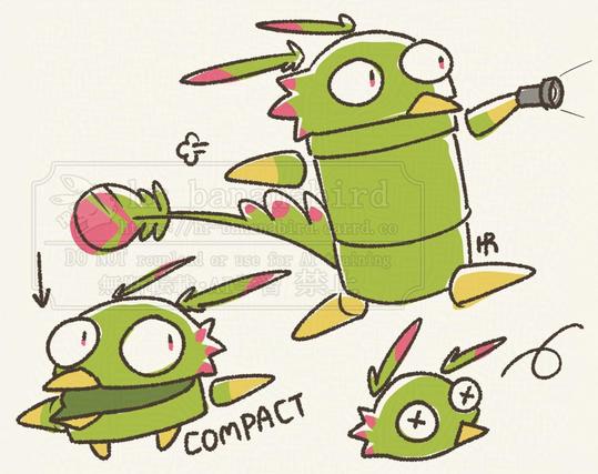 Digital doodles of a green and pink anthro bird with feathered ears, but they're in the style of the player from the video game R.E.P.O.