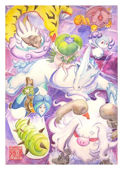 Watercolour painting of a Pokémon team featuring Raging Bolt, shiny Torkoal, shiny Indeedee Female, Calyrex Ice Rider, Wellspring Ogerpon and shiny Annihilape.

The scene is depicted from a slightly top down view with a grid of purple tiles in the background reminiscent of Trick Room.