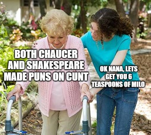 Meme with an old woman using a walker and a younger woman

Text says: 
Old woman: BOTH CHAUCER AND SHAKESPEARE MADE PUNS ON CUNT
Younger woman: OK NANA, LETS GET YOU 6 TEASPOONS OF MILO
