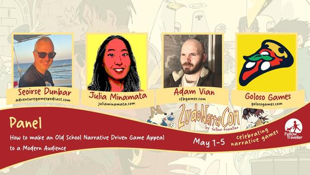 Our LudoNarracon 2025 panel, featuring me, Adam Vian (Crow Country) and Goloso Games (Inspector Waffles), hosted by Seoirse Dunbar (Adventure Games Podcast). Panel title: How to make an old school narrative driven game appeal to a modern audience. Hosted by Fellow Traveller!