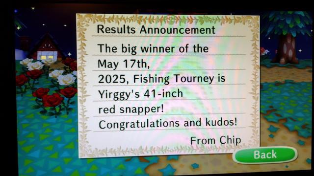 City Folk letter. It reads "Results Announcement. The big winner of the May 17th, 2025, fishing tournament is Yirggy's 41 inch red snapper! Congratulations and kudos! From Chip "
