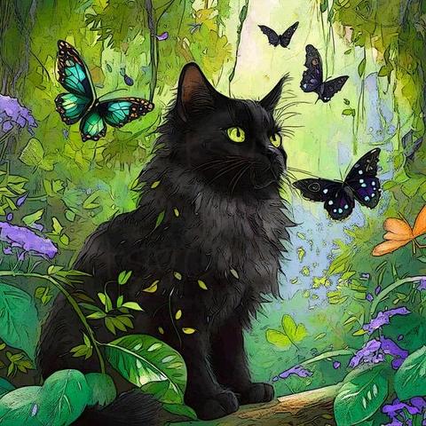 Art of black fluffy kitty next to butterflies
