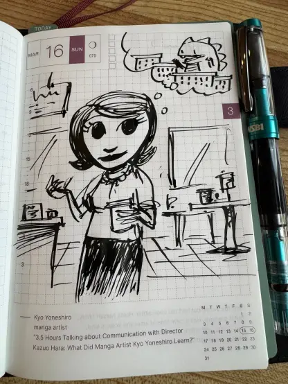 Hobonichi planner with a cartoony sketch of a lady standing with a coffee cup in one hand and the other gesturing palm upwards with a backdrop of a cafe and a thought bubble of a Zilla attacking the city.
