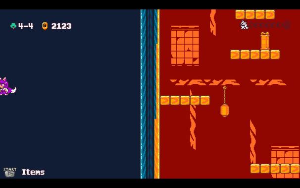 A kitsune character in a red outfit runs through a platformer landscape, past stone walls and under a bridge. The environment suggests ancient Japanese mythology with lanterns hanging from the ceiling. The perspective is third-person over-the-shoulder view.
