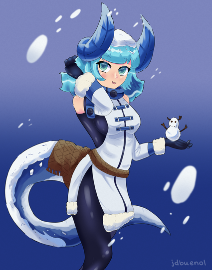 Digital artwork of Eira, a dragon girl with green eyes, light blue hair and big blue horns and tail, the tail and her hair are partially covered by snow. She's wearing a white clothes with blue details and a black leotard under it. She's holding a small snow man on the palm of her left hand while brushing her hair with her right hand. She's showing a small smile while looking at the viewer. Character belongs to @DSD3SIGN