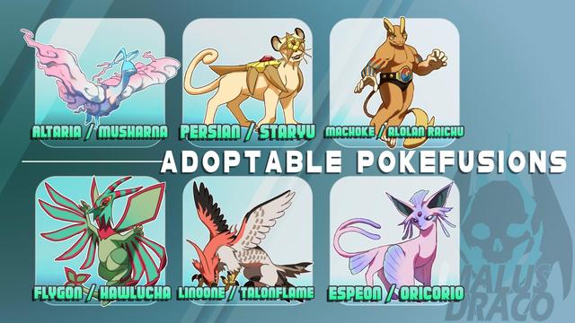 A set of 6 pokefusion designs arranged in a grid. Each fusion combines attributes of both pokemon mentioned. The fusions are (clockwise from top left): altaria/musharna, persian/staryu, machoke/alolan raichu, espeon/oricorio (the purple form), linoone/talonflame, and flygon/hawlucha.