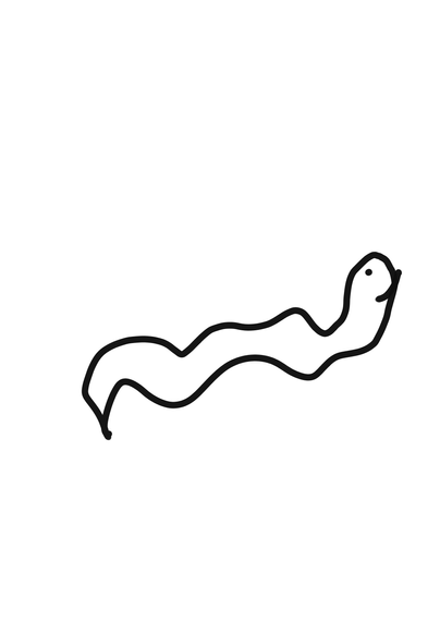 Simple black and white doodle of a basic snake worm wiggling on the ground.