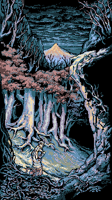 Scene from the game's opening. Dante is journeying warily through a forest of unhealthy trees, cliffs, and brambles. He looks quite small, while the shadows loom large.