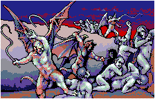 Cutscene from further in the game: A couple christian demons are going bananas whipping tormented souls. The pitiful damned try to crawl away, but there's nowhere to run.