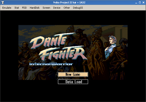 Screenshot of the hacked game running in an emulator: The logo has been changed to look like the Street Fighter logo. It now says: "Dante Fighter, Infernal Warrior"