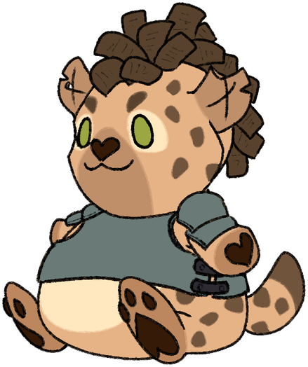 Oh dear! Circe the gnoll has been turned into an adorable Chumby Buddy! She has the traditional colors of a hyena, with the tawny fur with cream underbelly, and darker brown spots and tailtip. Her ears have bites and notches taken out of them, framing a messy brown fauxhawk and green eyes. Finally, she wears a heavy breastplate and pauldrons.