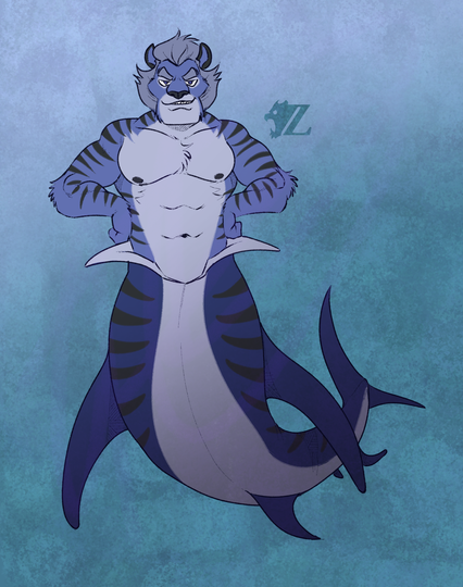 Phantasmas, a male blue anthropomorphic liger has been combined with the lower half of a tiger shark. He looks confidently to the viewer, fists on his hips with a smug smirk on his face. He has darker blue stripes and a light grey underbelly and muzzle, which has a thick mane of gray hair and sideburns. The colors continue onto the shark half, though a bit darker than the top half.