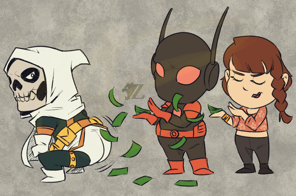 Chibi versions of Marvel's Taskmaster and Black Ant, along with artist and Taskmaster ultra-fan Kim Hu. Taskmaster, a supervillain dressed in blue and orange with a skull mask, white cowl, cape, gloves, tights, and boots, is squatting, twerking in front of Black Ant, another supervillain dressed in a black body suit and helmet with orange gloves, boots, and belt, and Kim, a regular human with white skin, brown hair tied into a braid to the side, a long-sleeved flower print shirt, and black pants, who are "making it rain", flicking money from their hands onto Taskmaster.