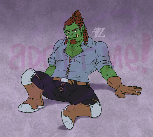 An unnamed muscular male orc sits in wait for the viewer. He has healthy green skin and ruddy brown hair with braids on the sides and top, tied back into a man-bun, as well as a lush goatee beneath the lips. He wears a faded blue shirt with the sleeves rolled up, tied in the middle with leather laces, a pair of gloves that go up midway of the forearms, a pair of black breeches with laces at the crotch and a belt around the waist, finally finishing with a pair of leather and metal boots.