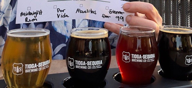 For 4oz glasses of taster-sized beers for Tioga-Sequoia in Fresno. If you are there, visit!, From left to right;  A yellow pilsner called 99. A dark per called Abuelita's, a dark which was the very nice. Pro Vida, which was very expensive at $25 a bottle, but the most fabulous. It's a red beer. Finally, there is Midnight Rum, which I liked a lot, but less than the others.